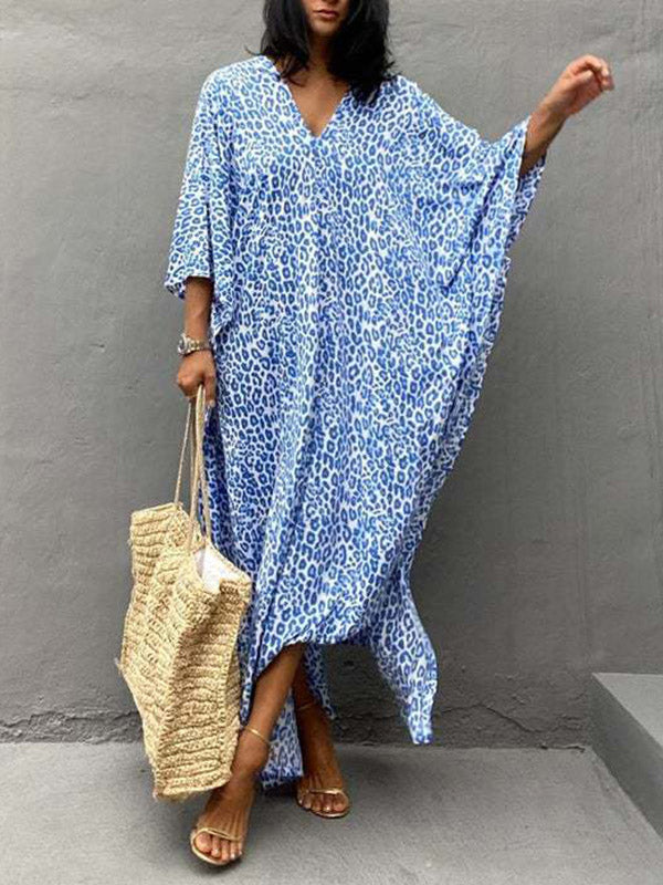 Leopard Split-Side Sun Protection Batwing Sleeves Loose V-Neck Maxi Dresses Cover-Ups Swimwear