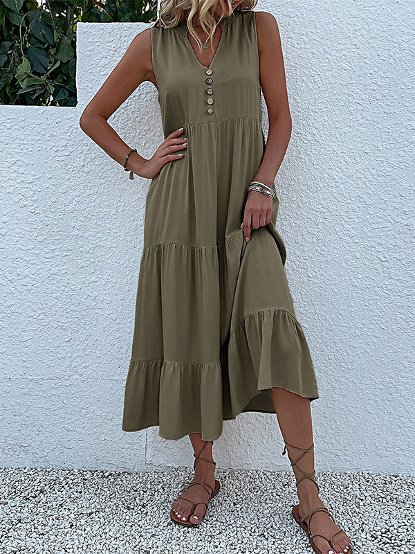Pleated Split-Joint Loose Sleeveless V-Neck Midi Dresses