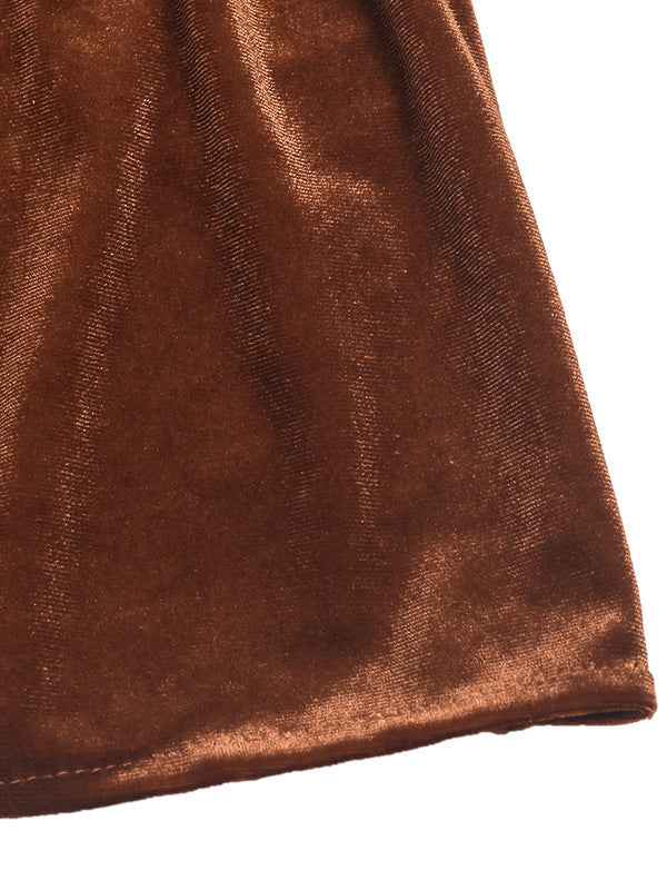 Pleated Solid Color Split-Joint Velvet A-Line Long Sleeves Mock Neck Mini Dresses