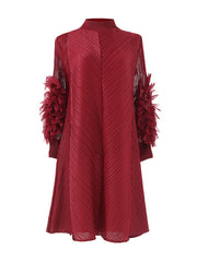 Embroidered Pleated Solid Color Long Sleeves Loose Round-neck Midi Dresses