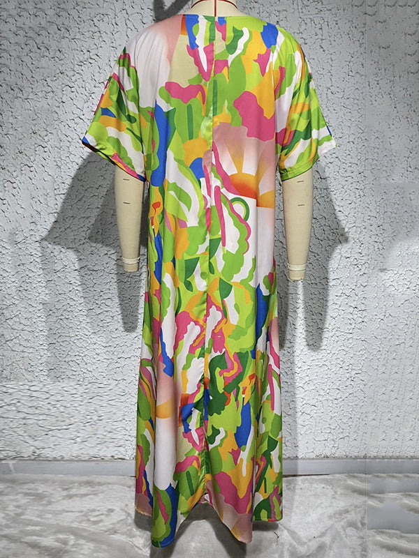Contrast Color High-Waisted Printed Loose Short Sleeves V-neck Maxi Dresses