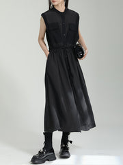 Contrast Color Drawstring Split-Joint Tied Waist Loose Sleeveless Round-Neck Midi Dresses
