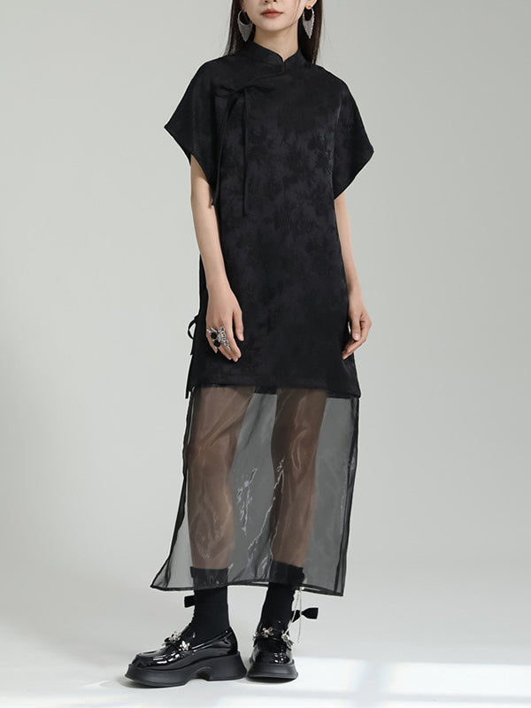 Gauze Jacquard Solid Color False Two Short Sleeves Stand Collar Midi Dresses Long Cheongsams