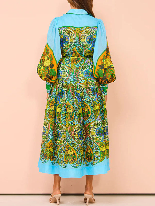 Belted Floral Printed High Waisted Loose Lapel Midi Dresses