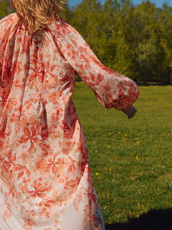 Floral Print Loose Long Sleeves Casual Maxi Dresses
