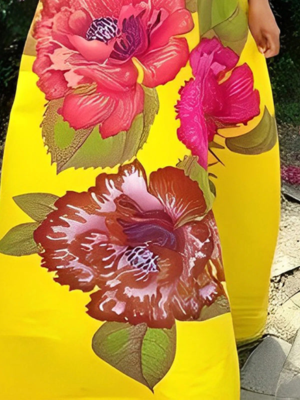 Flower Print Split-Joint A-Line Sleeveless V-Neck Maxi Dresses