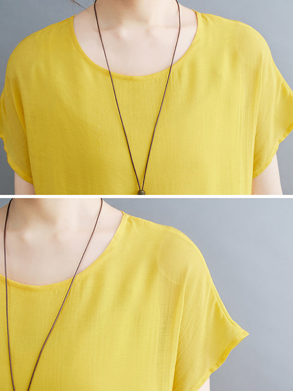 Solid Color Split-Joint Loose Short Sleeves Round-neck Midi Dresses