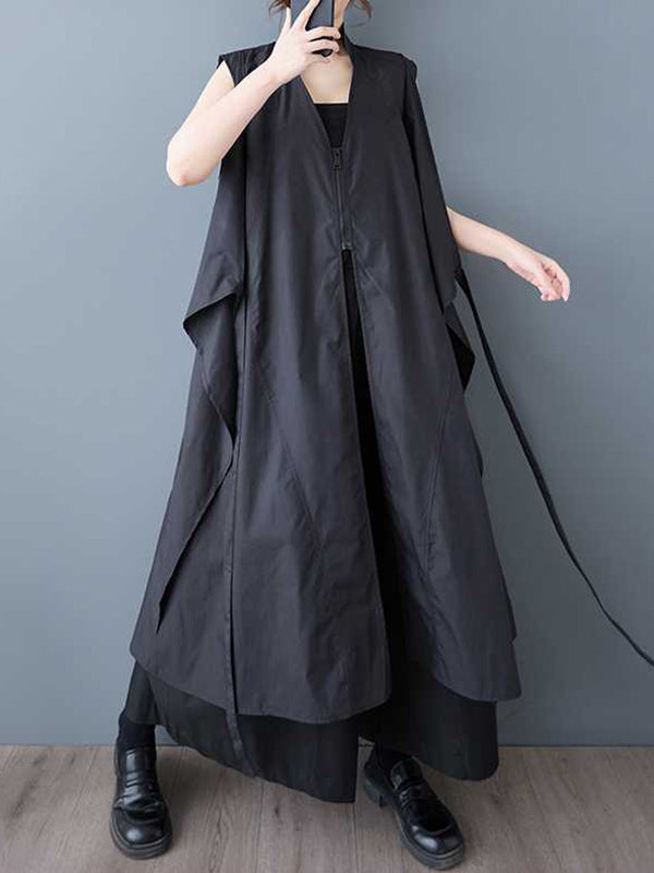 Pockets Solid Color Tied Zipper A-Line Loose V-Neck Shirt Dress Midi Dresses