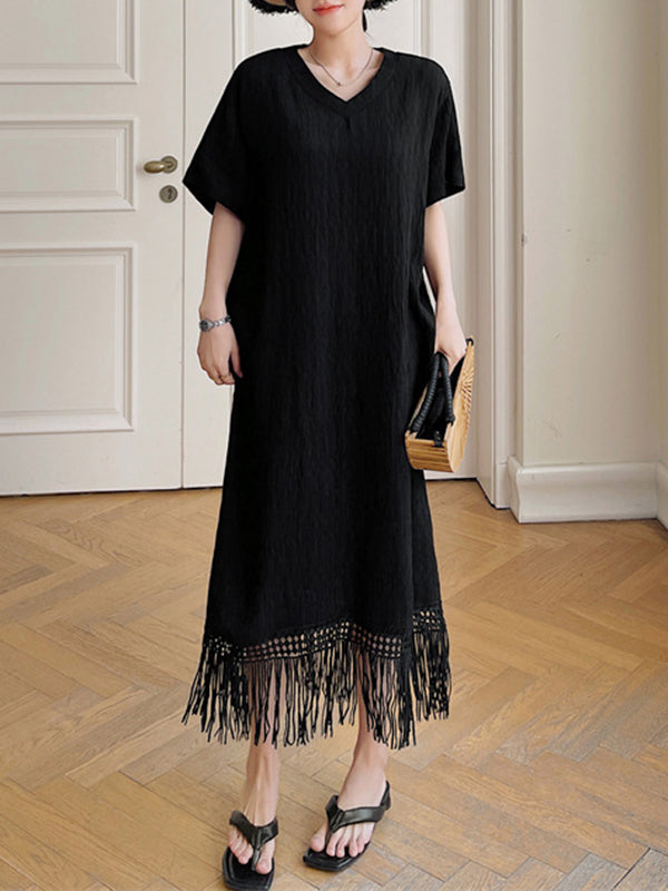 Solid Color Split-Joint Tasseled Loose Short Sleeves V-Neck Midi Dresses