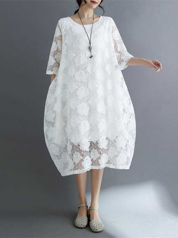 Hollow Solid Color Half Sleeves Loose Round-Neck Midi Dresses