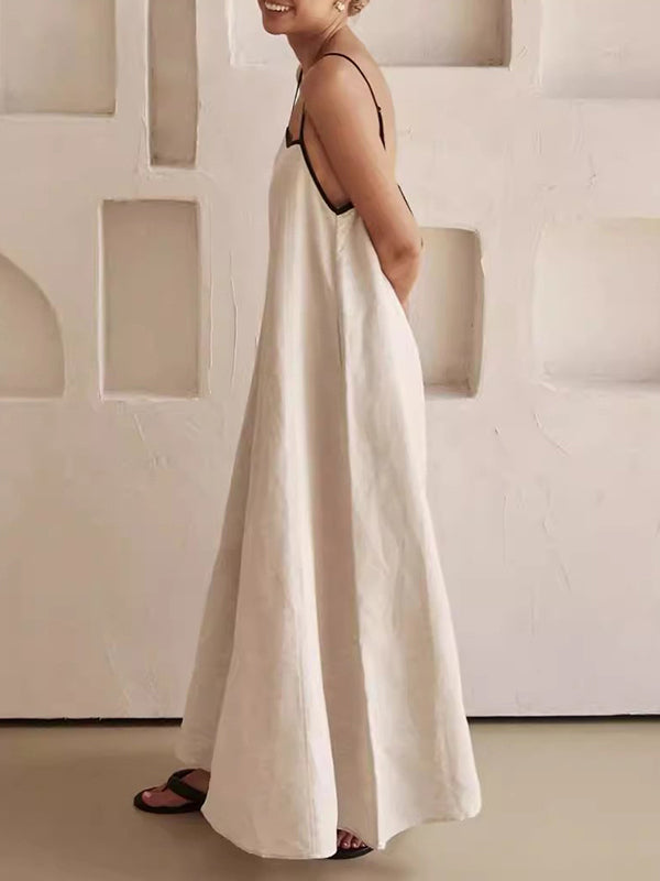 Split-Joint A-Line Loose Spaghetti-Neck Maxi Dresses