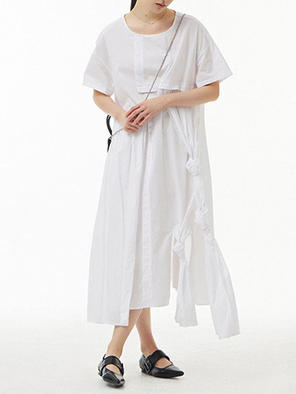 Solid Color Streamer Loose Short Sleeves Round-neck Midi Dresses