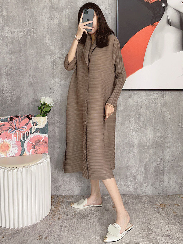 Fashion Solid Color Pleated Long Sleeves Shirt Dress Midi Dress