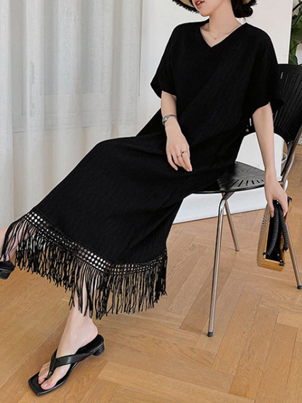 Solid Color Split-Joint Tasseled Loose Short Sleeves V-Neck Midi Dresses