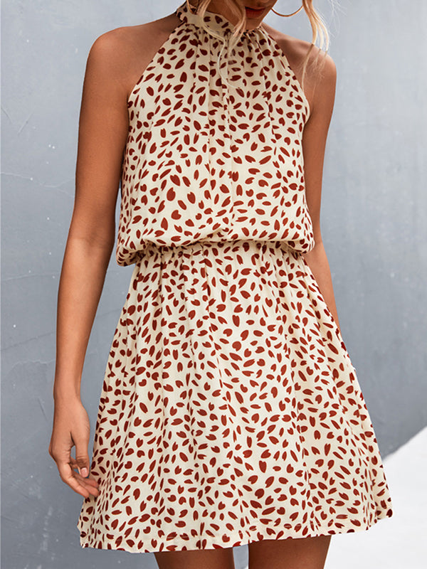 Elasticity Leaves Print Pleated A-Line High Waisted Halter-Neck Mini Dresses