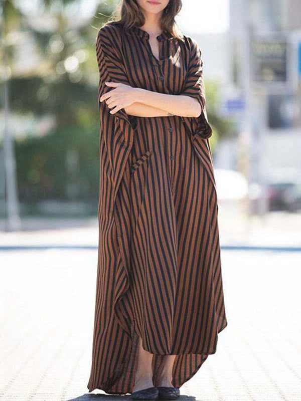 Buttoned Pockets Striped Batwing Sleeves Half Sleeves Round-Neck Maxi Dresses Beach Cover-Up