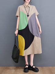 Color-Block Contrast Color Split-Joint Loose Oversize Lapel Shirt Dress Midi Dresses