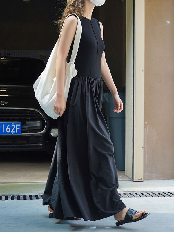 Pleated Solid Color Split-Joint Loose Sleeveless Round-Neck Maxi Dresses
