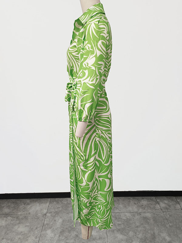Elasticity Printed Tied Waist A-Line High Waisted Lapel Shirt Dress Midi Dresses