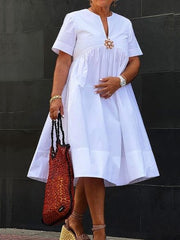 Solid Color Loose Short Sleeves Deep V-Neck Shirt Dress Midi Dresses