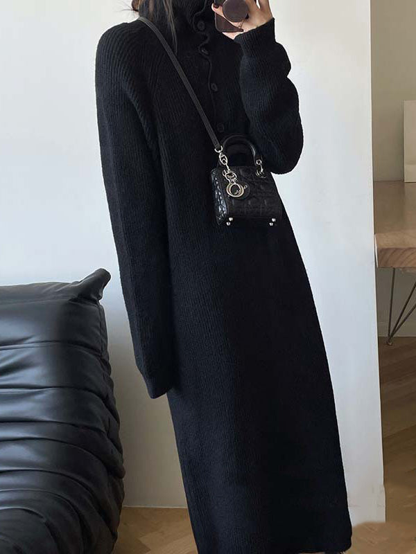 Simple Long Sleeves Loose Buttoned Solid Color High-Neck Sweater Dresses