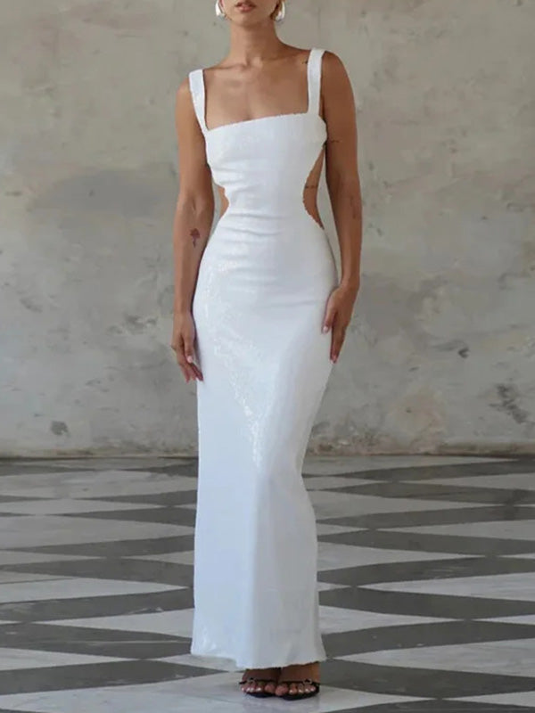Shiny Sequinned Sleeveless Square Neck Evening Wrap Maxi Dresses