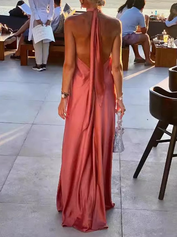 Backless Solid Color Tied A-Line Loose Halter-Neck Maxi Dresses