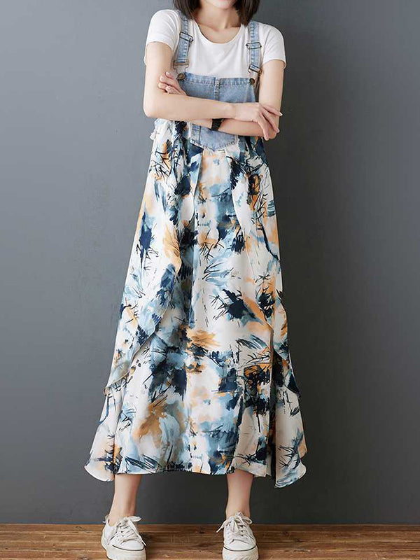 Flower Print Pockets Split-Joint Loose Plus Size Spaghetti-Neck Suspender Dress Maxi Dresses