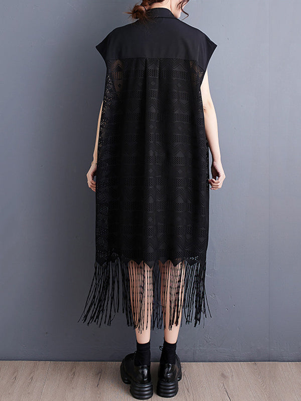 Gauze Pockets Split-Joint Tasseled Short Sleeves Lapel Midi Dresses