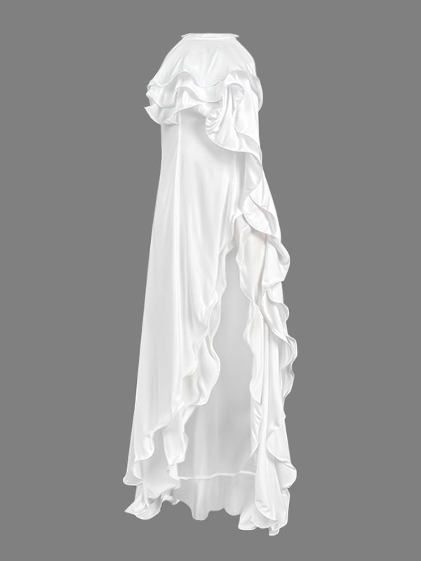 Layered Ruffled Solid Color Split-side Zipper Loose Sleeveless Round-neck Maxi Dresses