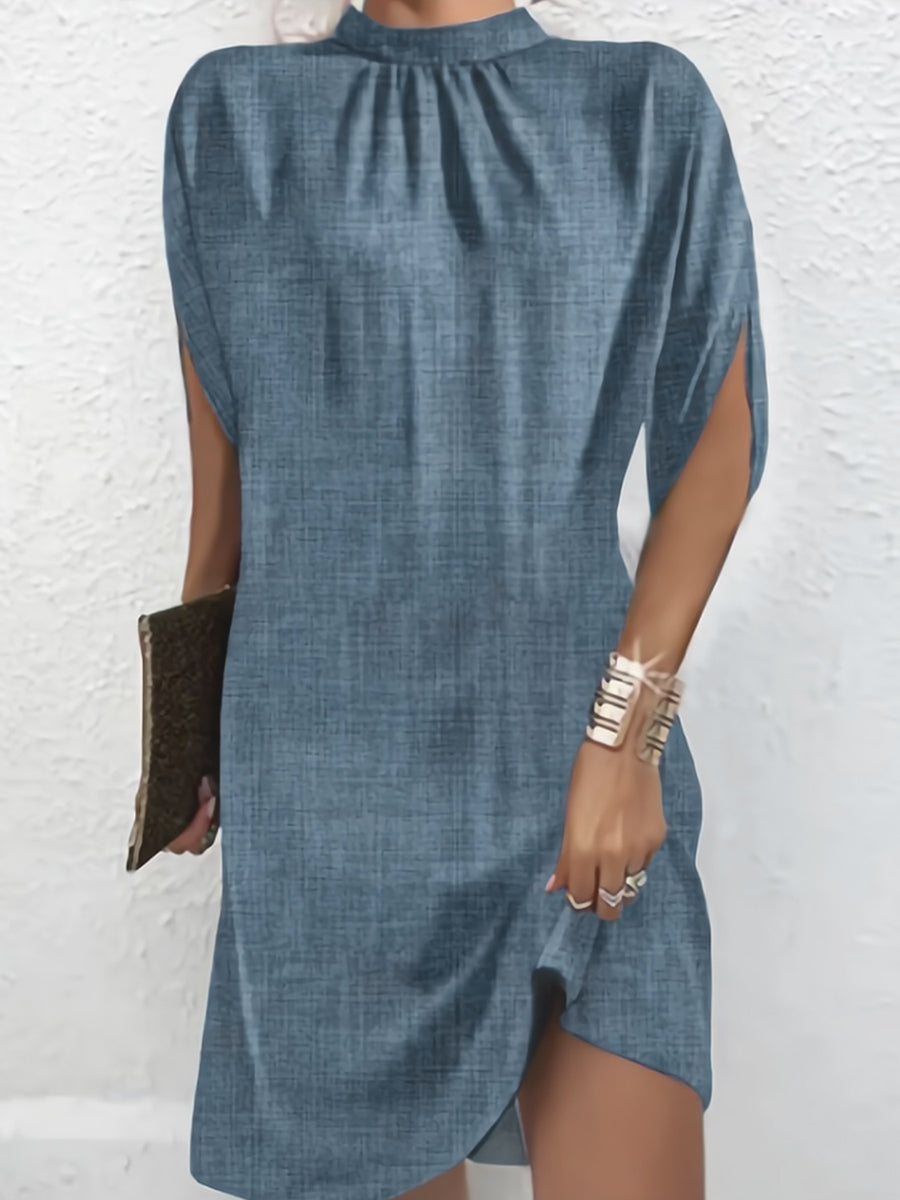 Solid Color Loose Raglan Sleeve Mock Neck Mini Dresses