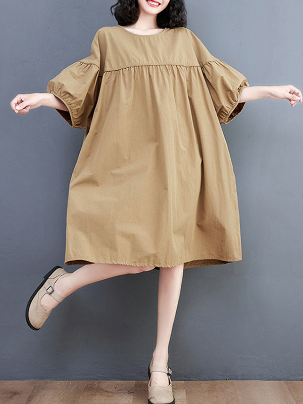 Solid Color Loose Short Sleeves Round-neck Midi Dresses