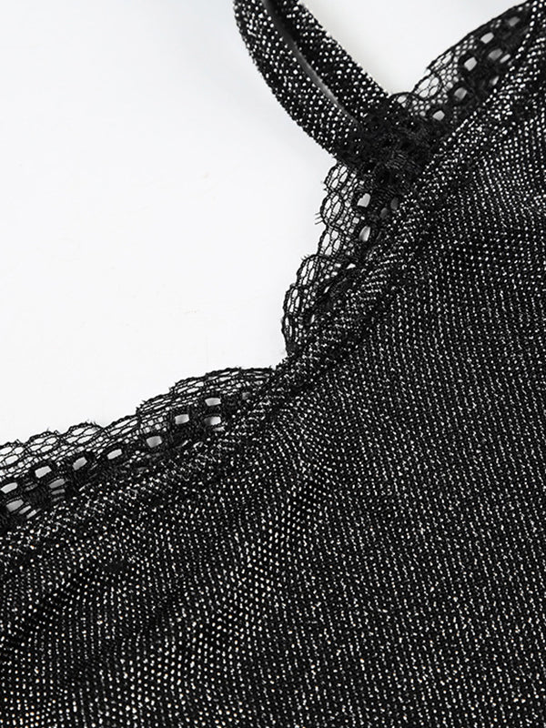 Shiny Lace Spaghetti-Neck Mermaid Evening Maxi Dresses In Black