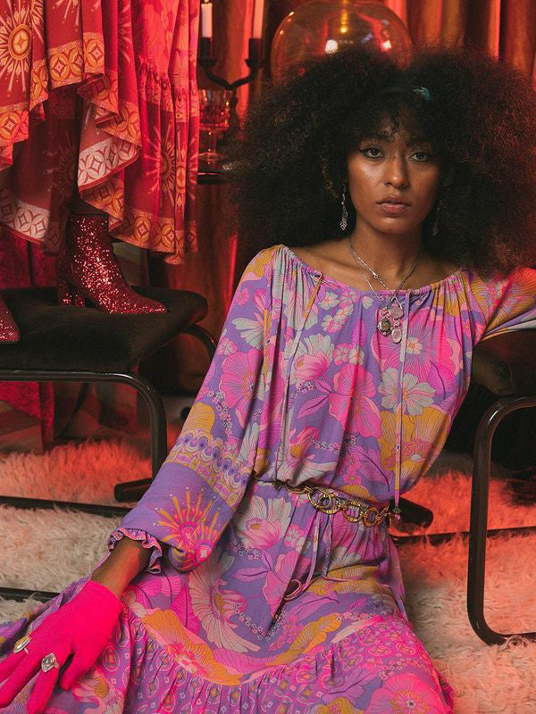 Bohemia Long Sleeves Loose Floral Printed Round-Neck Maxi Dress