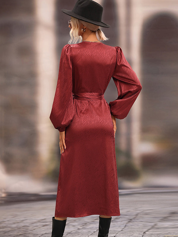 Vacation Puff Sleeves Lace-Up Solid Dress