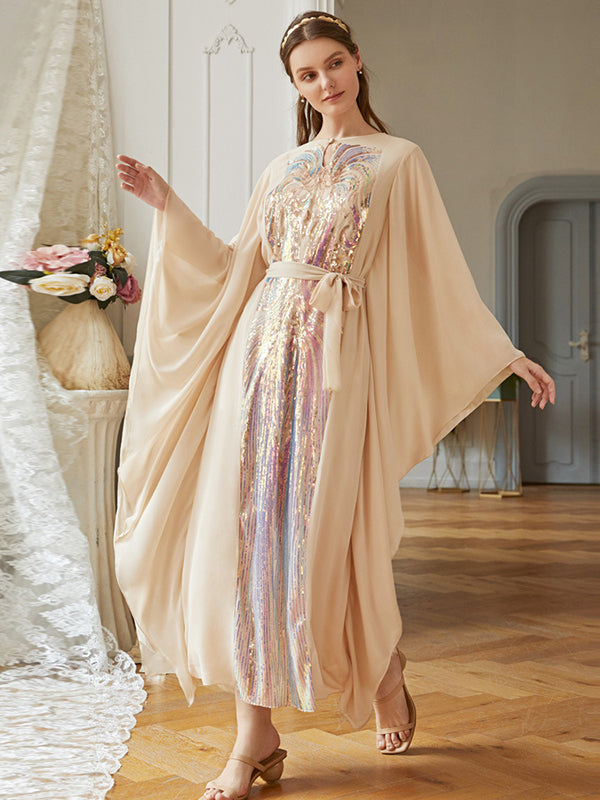 Loose A-Line Lace-Up Embroidered Solid Dress