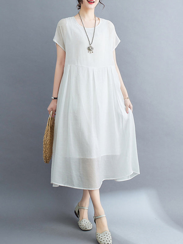 Solid Color Split-Joint Loose Short Sleeves Round-neck Midi Dresses