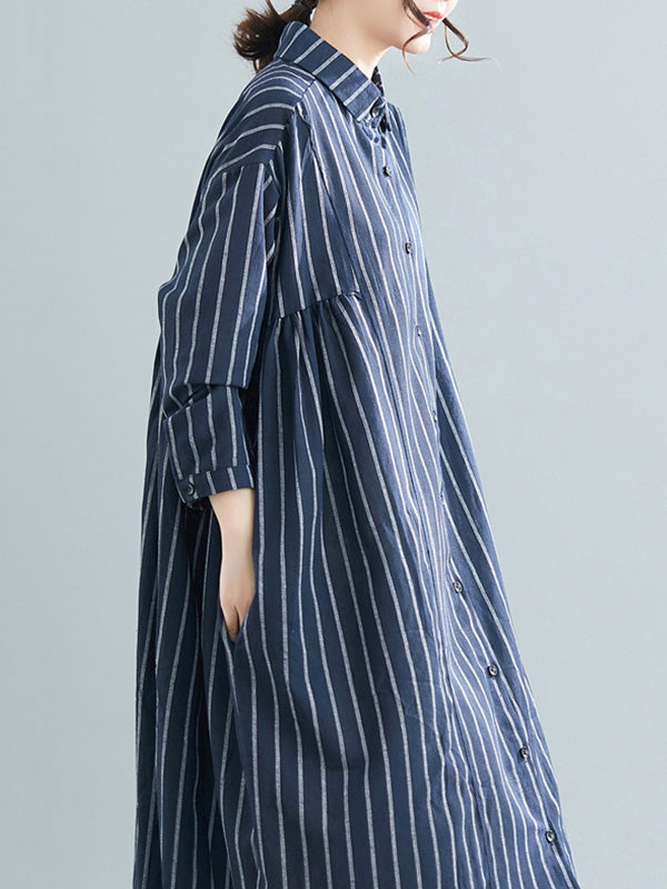 Simple Striped Buttoned Lapel Long Sleeves Shirt Dress