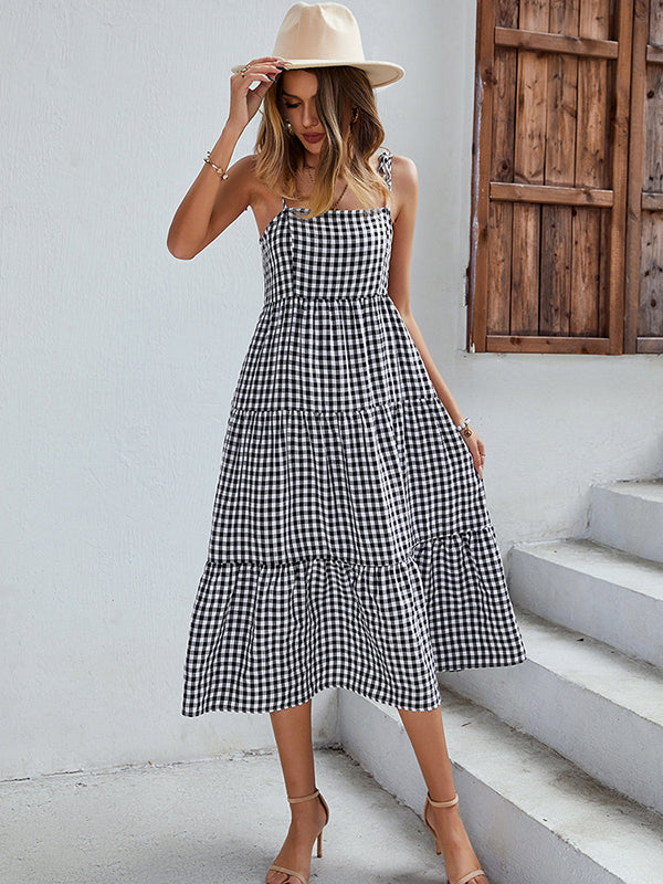 Bohemia A-Line Sleeveless Plaid  Dress