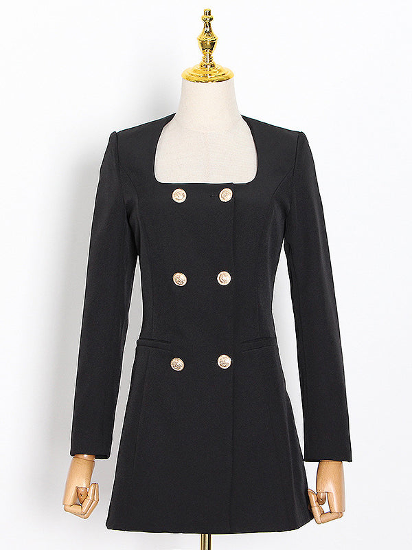 Buttoned Pockets Shoulder Pad A-Line High Waisted Square-Neck Mini Dresses Blazer