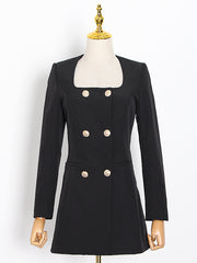 Buttoned Pockets Shoulder Pad A-Line High Waisted Square-Neck Mini Dresses Blazer