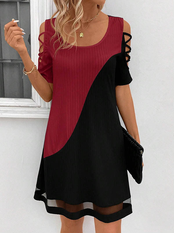 Contrast Color Hollow Mesh Split-Joint A-Line Loose Cold Shoulder Mini Dresses