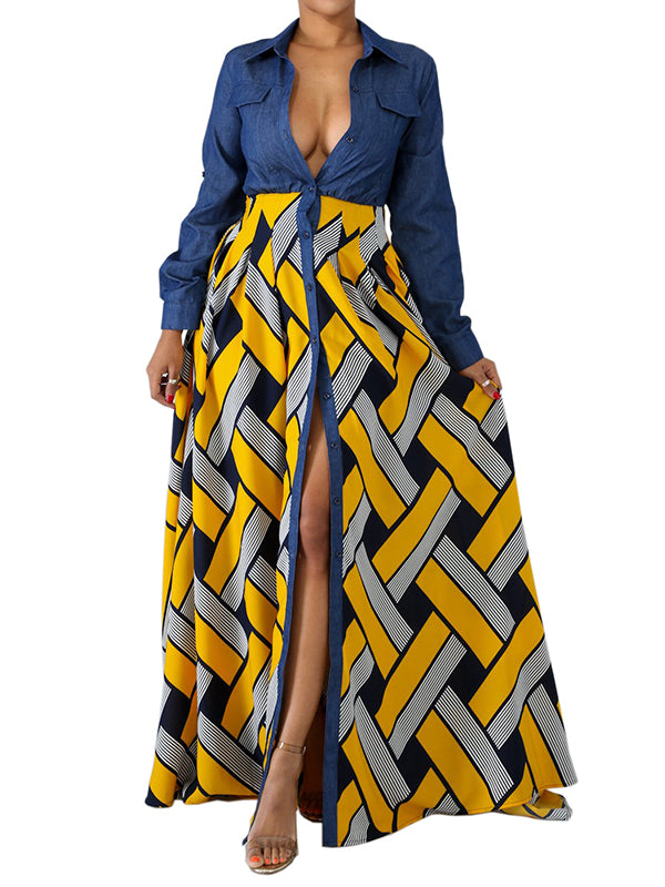Buttoned Elasticity Printed Split-Joint Long Sleeves Loose Lapel Maxi Dresses