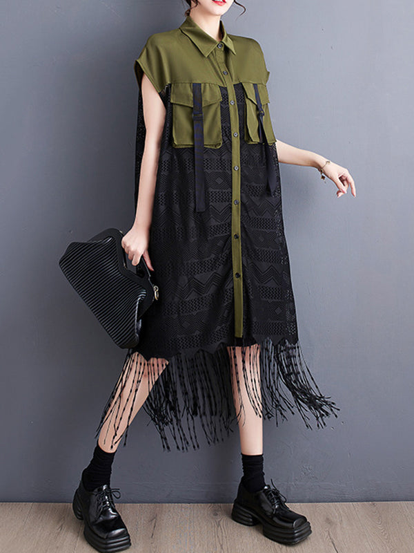 Gauze Pockets Split-Joint Tasseled Short Sleeves Lapel Midi Dresses