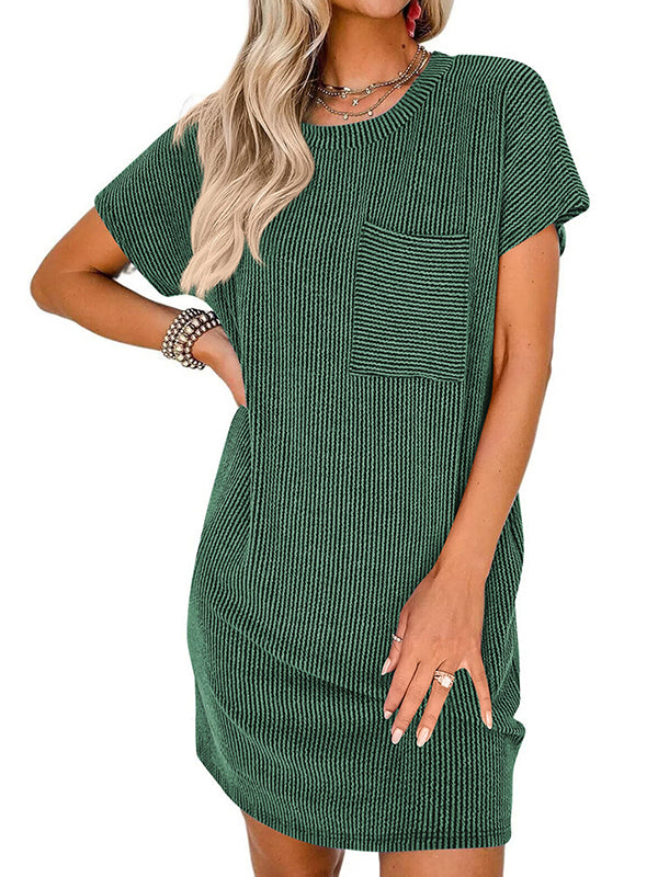 Contrast Color Pockets Split-Joint Striped A-Line Loose Round-Neck Mini Dresses