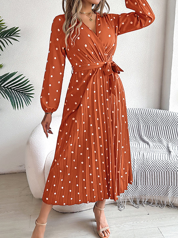 Elasticity Pleated Polka-Dot Split-Joint Tied Waist A-Line High Waisted V-Neck Shirt Dress Midi Dresses