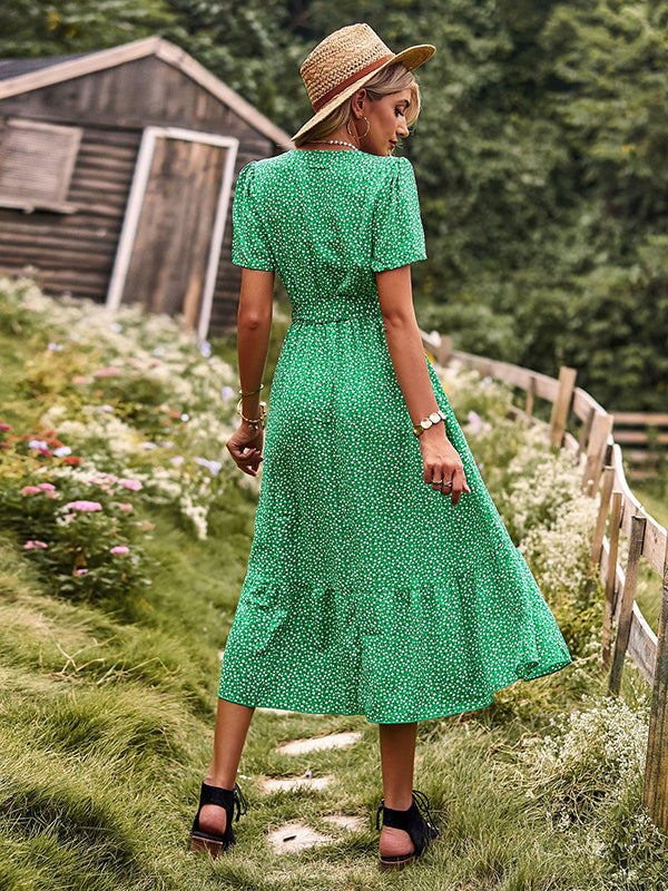 Bohemia A-Line Lace-Up Polka-Dot V-Neck Maxi Dress