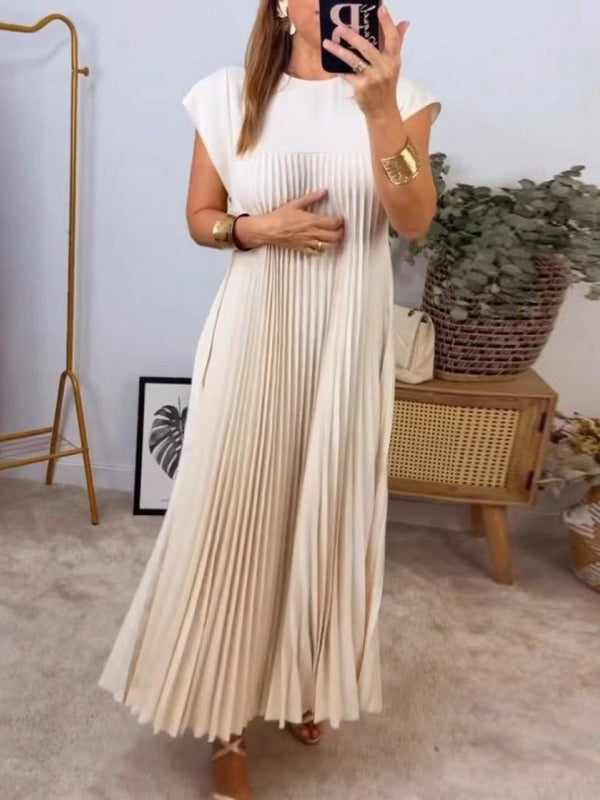 Pleated Pockets Solid Color Split-Joint A-Line High Waisted Round-Neck Maxi Dresses