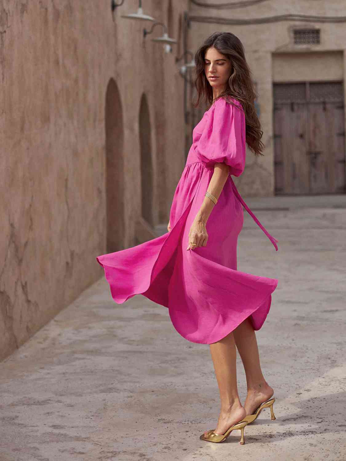 Surplice Balloon Sleeves Slit Short Sleeve Tied Dress
