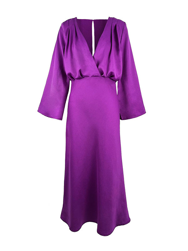 Solid Color Satin Long Sleeves Elegant Maxi Dresses